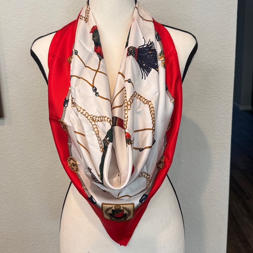 Oroton Red and White Tassel Pure Silk scarf